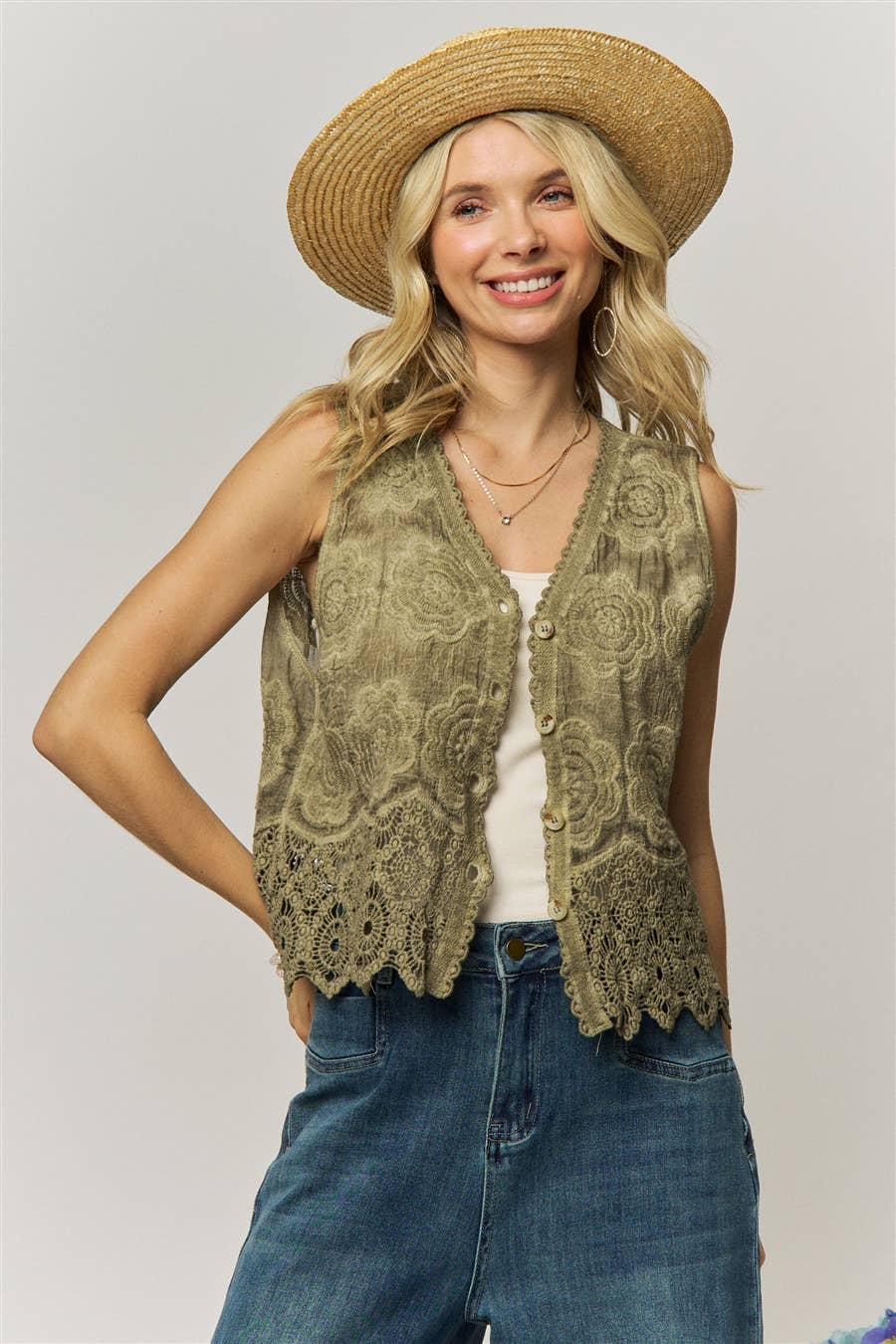 Olive Crochet Lace Vest