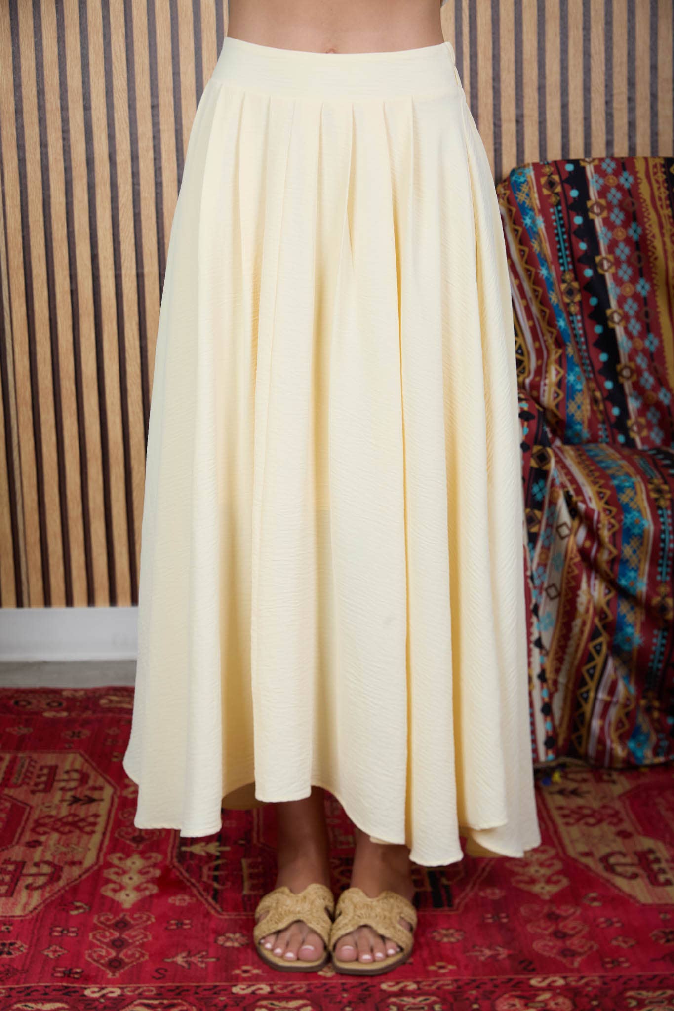 Natural Pleated Midi Skirt